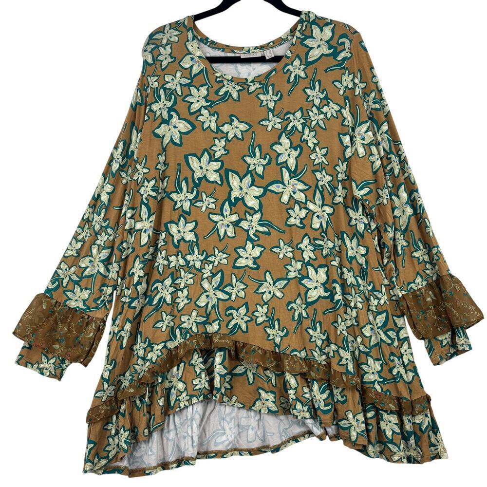 LOGO Lori Goldstein Tunic Blouse Top Size 2X Brown Green Floral Ruffle FLAW